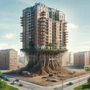DALL·E 2024 05 16 14.52.27 Refine the image to show the top of the building as unfinished as if it is emerging from the soil. The apartment building should have a clear appeara